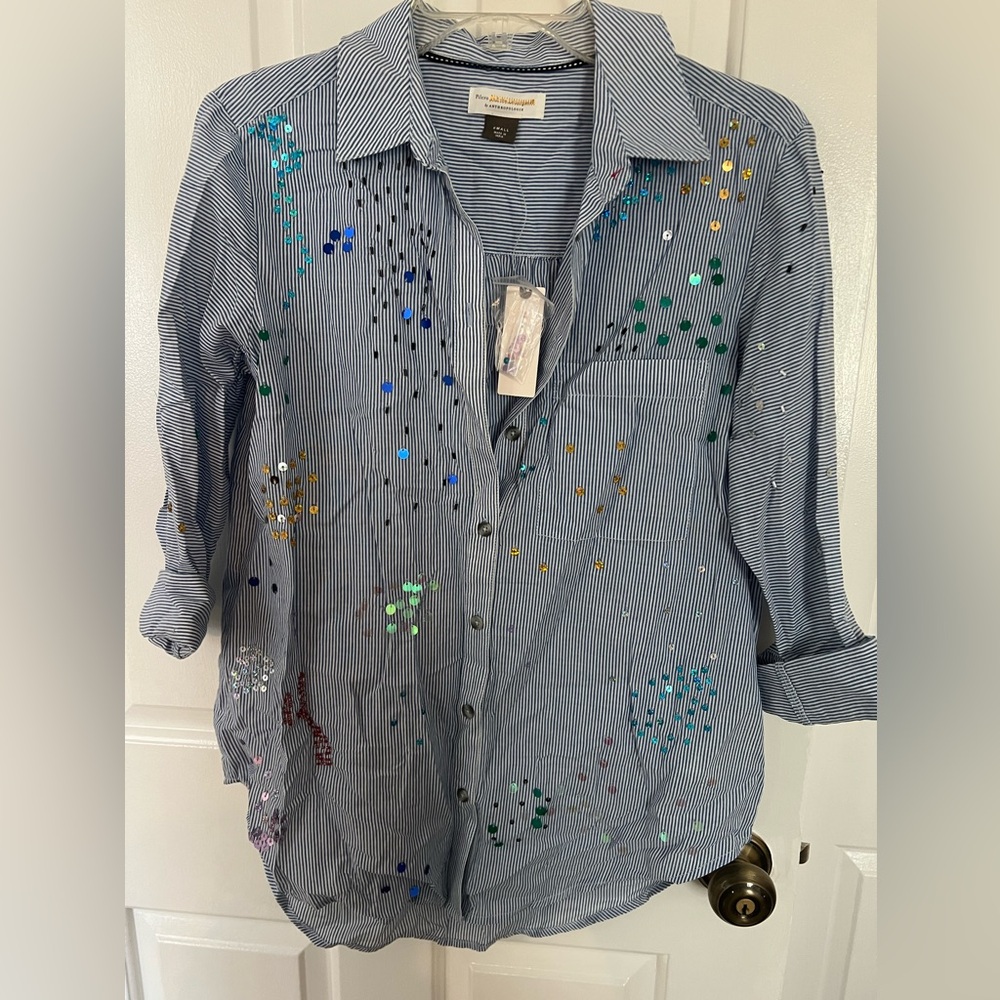 Anthropologie Blue Striped Sequin Shirt
